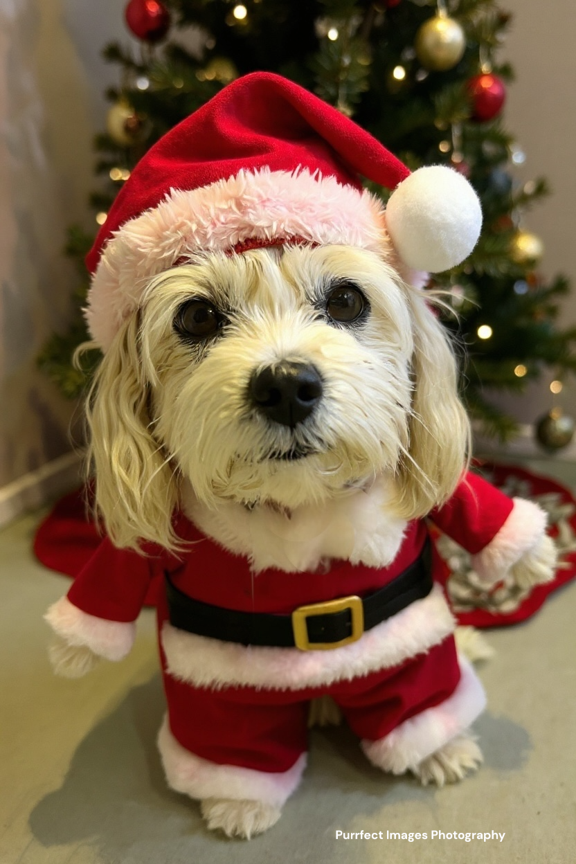 Dog Dressed as Santa Claus in Front of a Christmas Tree — Costumes Galore in Maroochydore, QLD
