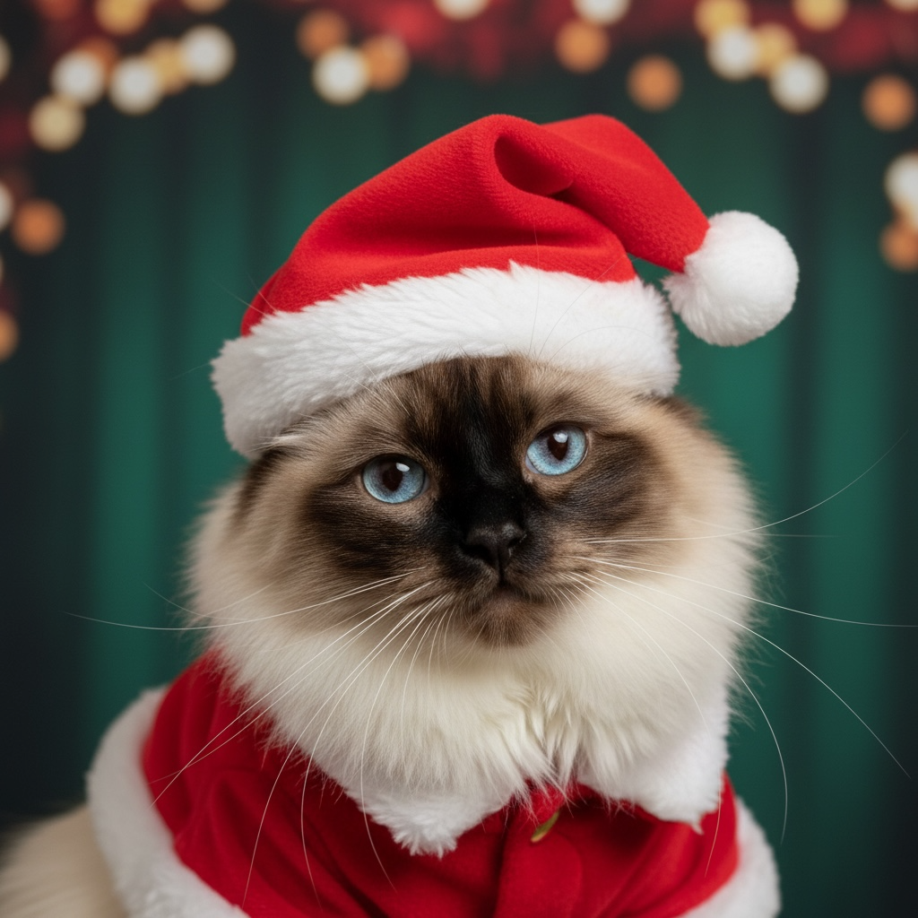 Cat Wearing a Santa Hat and Red Coat, With a Green Background and Holiday Lights — Costumes Galore in Maroochydore, QLD