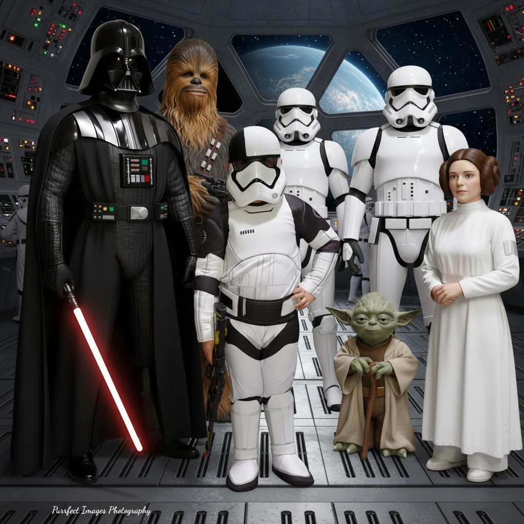 Darth Vader Costume, Chewbacca Costume, Stormtroopers Costume, Yoda, and Princess Leia Costume in Star Wars Setting — Costumes Galore in Maroochydore, QLD