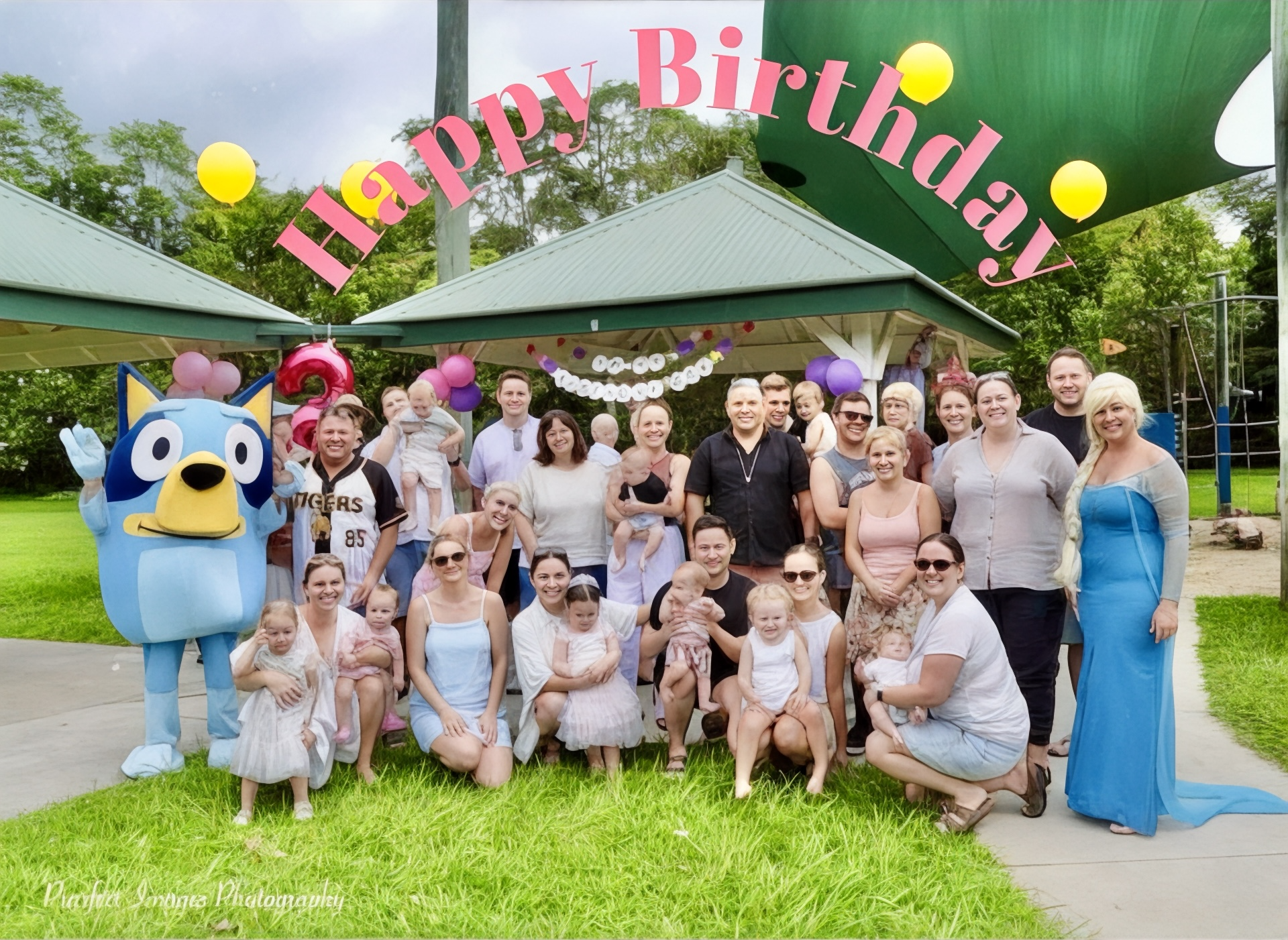 Large Group of People Posing for a Photo at an Outdoor Birthday and Wearing Frozen Costume — Costumes Galore in Maroochydore, QLD