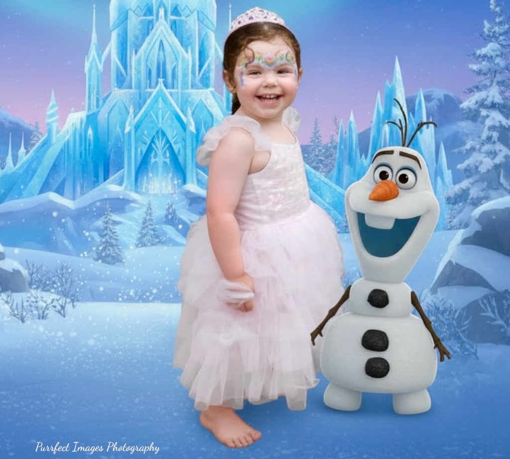 Girl in a Princess Costume With Olaf the Snowman in Front of an Ice Castle — Costumes Galore in Maroochydore, QLD