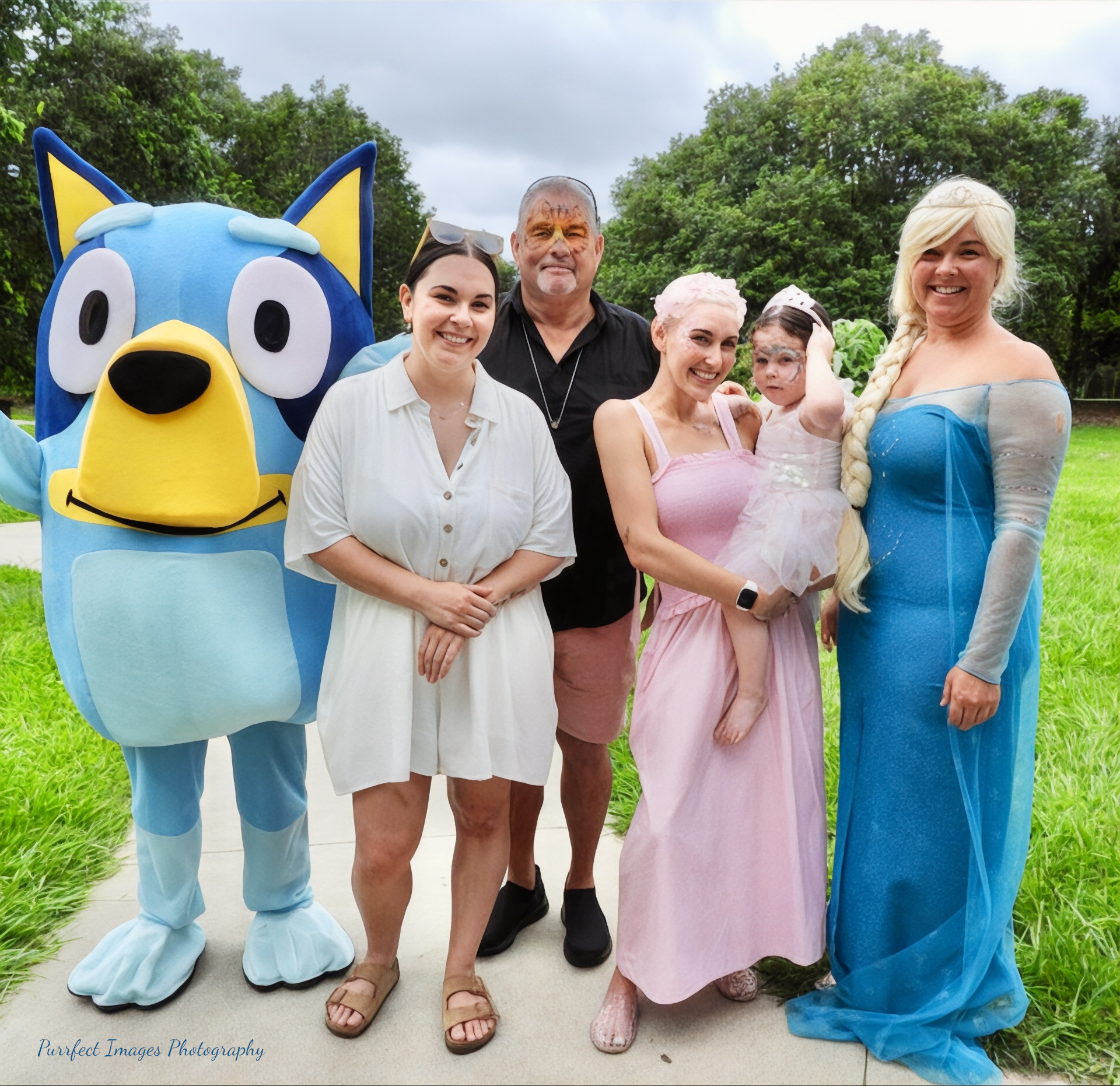 Group Photo Featuring a Bluey Mascot and Frozen Costume — Costumes Galore in Maroochydore, QLD