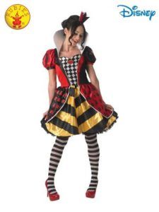Woman in Queen of Hearts Costume, Red and Black Dress, Striped Tights, High Heels — Costumes Galore in Maroochydore, QLD