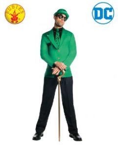 Man in Riddler Costume, Green Jacket, Tie, Cane, Standing, Rubie's and Dc Logos — Costumes Galore in Maroochydore, QLD