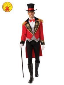 Man in a Ringmaster Costume, Wearing a Red Coat and Top Hat, Holding a Cane — Costumes Galore in Maroochydore, QLD