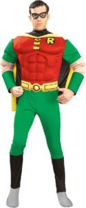 Man in a Robin Costume, Wearing a Red and Green Suit, Black Cape, and Glasses — Costumes Galore in Maroochydore, QLD