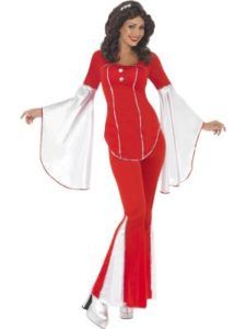 Woman in a Red 1970s Costume With Flared Pants and Bell Sleeves — Costumes Galore in Maroochydore, QLD