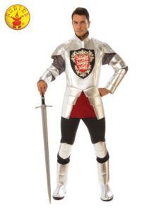 Man in Silver Knight Costume With Sword, Shield With Red Emblem — Costumes Galore in Maroochydore, QLD