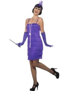 Woman in Purple Flapper Costume, Holding Cigarette Holder, Wearing Gloves, Heels, and Headband With Feather