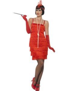 Woman in Red Flapper Costume, Holding Cigarette Holder, With Headband and Long Gloves — Costumes Galore in Maroochydore, QLD