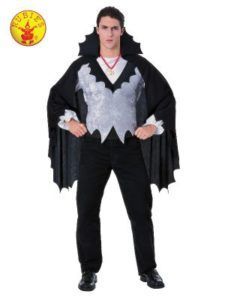 Man in Vampire Costume: Black Cape, Silver Vest, Black Pants — Costumes Galore in Maroochydore, QLD