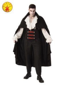 Man in a Black Vampire Costume With Cape, White Ruffled Shirt, and Black Pants — Costumes Galore in Maroochydore, QLD