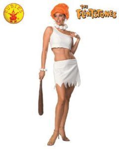 Woman in a Wilma Flintstone Costume, Wearing a White Outfit and Orange Wig — Costumes Galore in Maroochydore, QLD