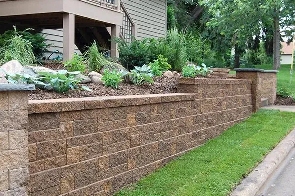A brick wall with plants growing on it in front of a house