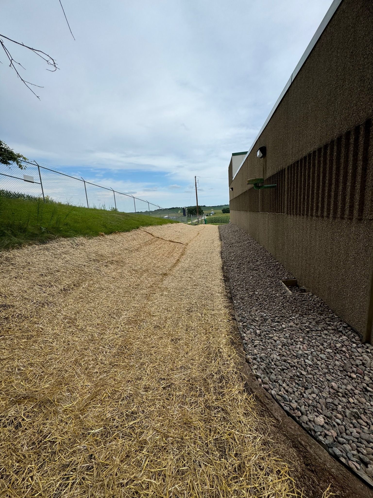 A gravel path leading to a building with a fence in the background.
