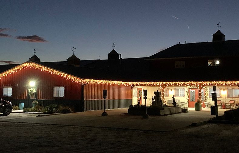 Nighttime storefront lit with string lights, showing a red building and silhouetted people outside.