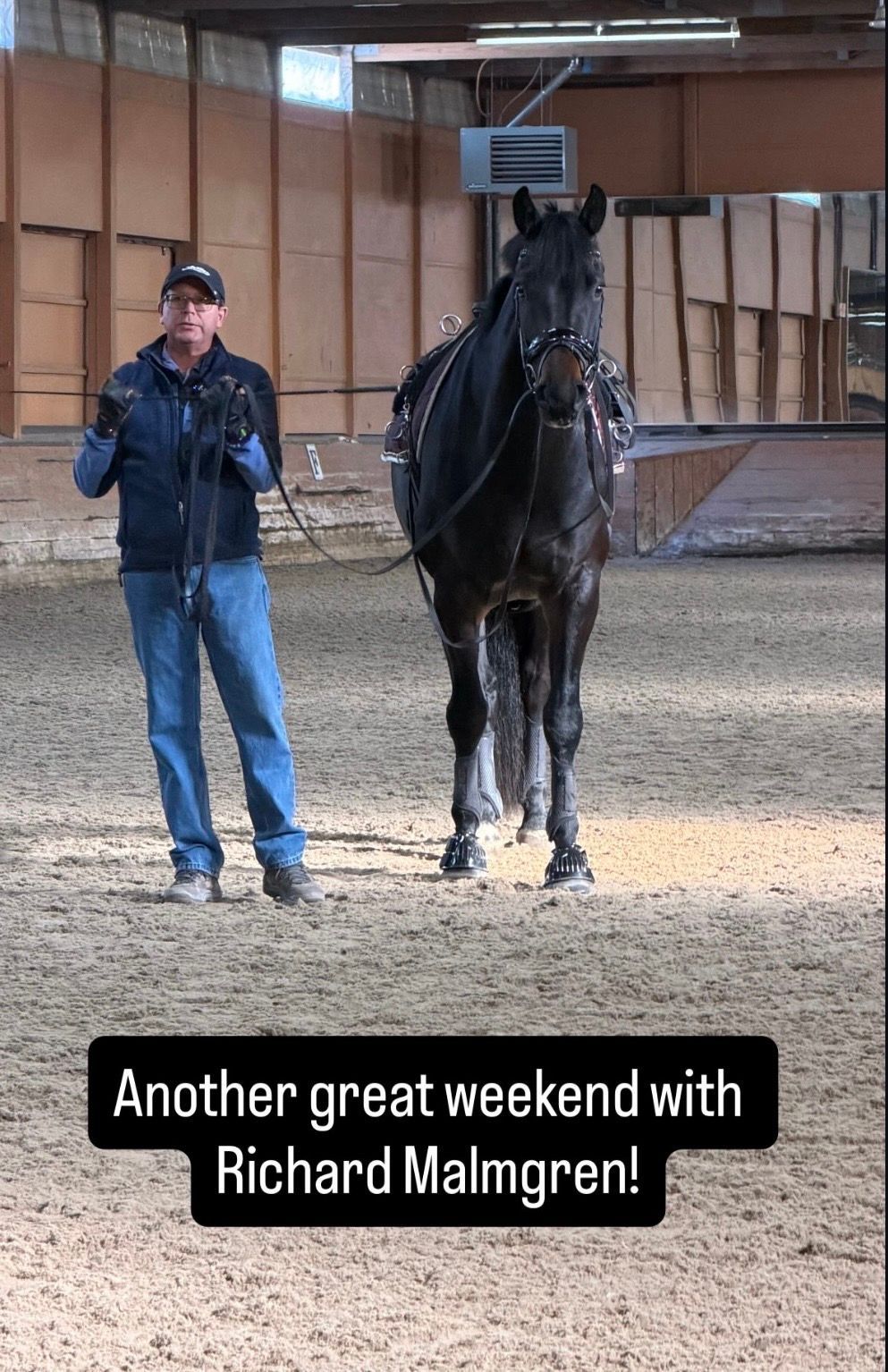 Woman in a blue jacket stands beside a black horse in an indoor arena.