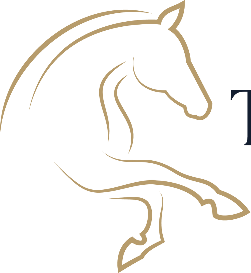 Gold outline of a rearing horse logo on a white background