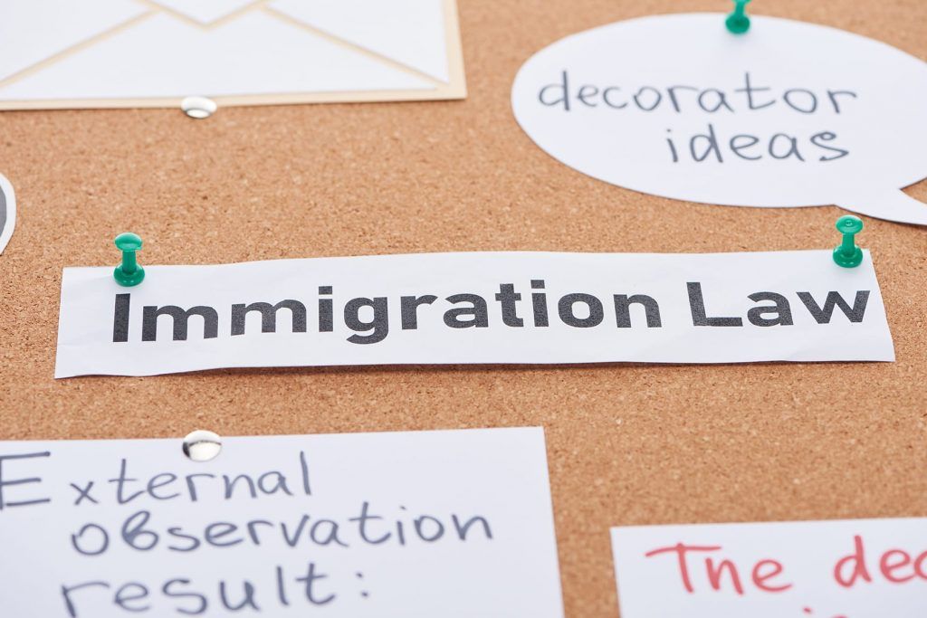 “Immigration Law” on a corkboard with handwritten note cards about decorator ideas.