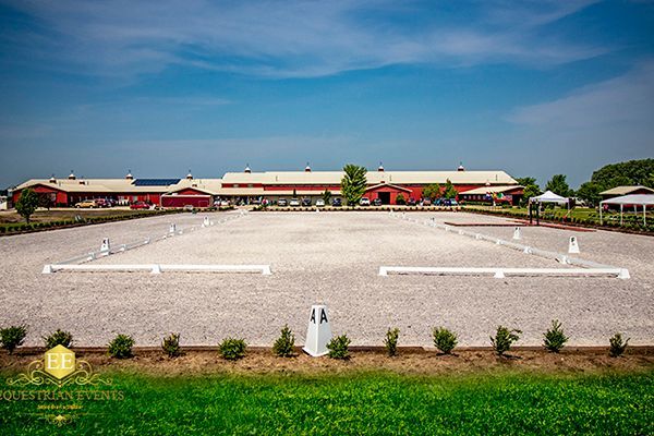 Wide equestrian arena with white dressage markers, red buildings, and blue sky behind it