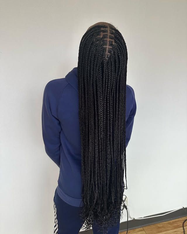 Person in a blue hoodie standing with long black braids covering their back, against a plain wall.