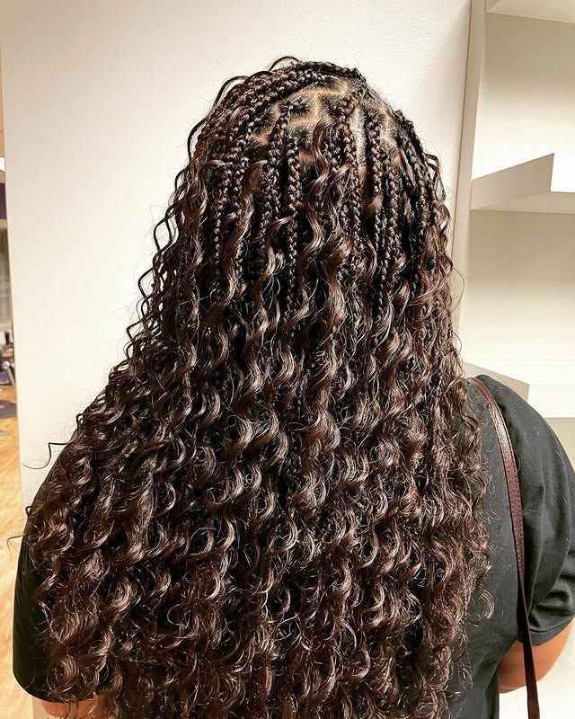 Back view of long, dark curly hair with blond highlights in a bright indoor setting