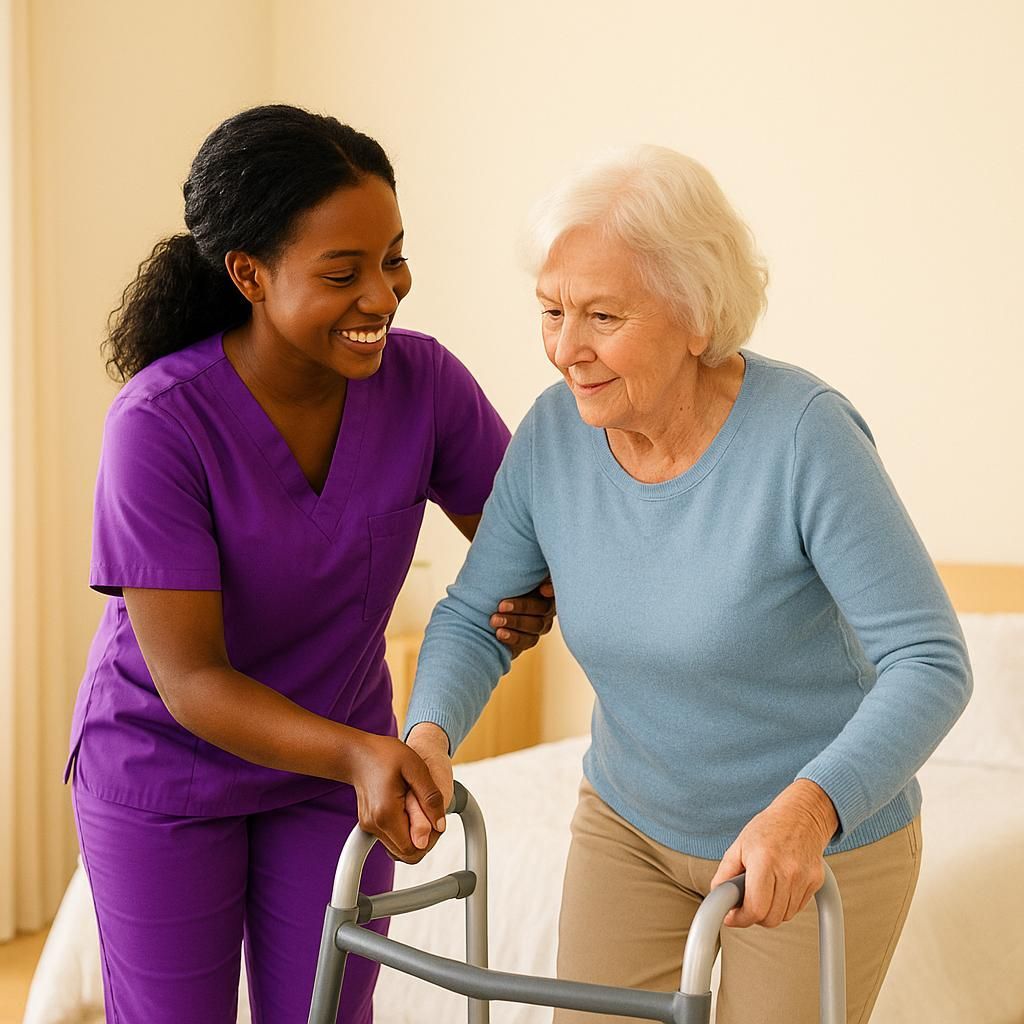 Caregiver in purple scrubs helping an older adult walk with a walker indoors