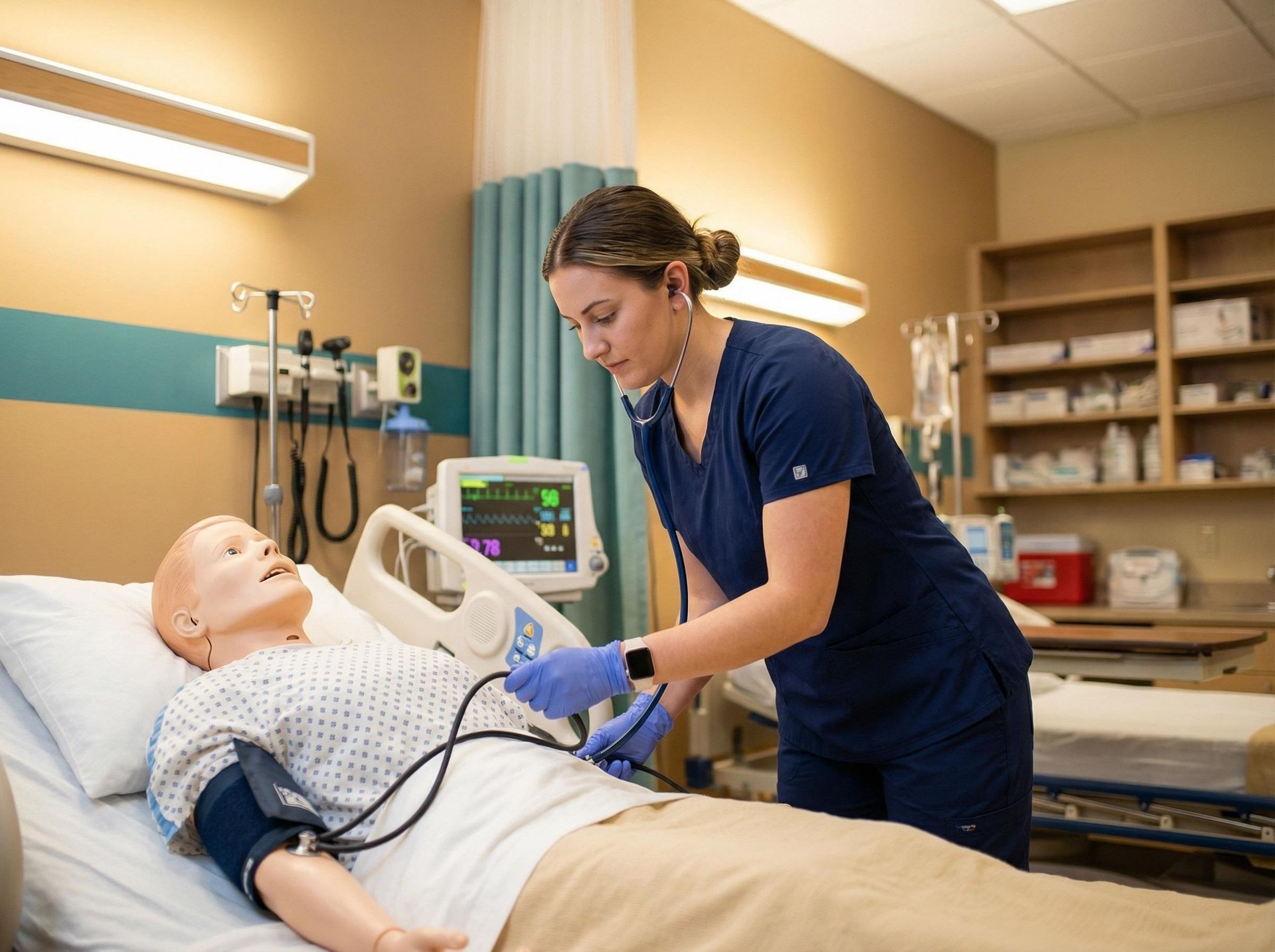 Nurse checking a patient on a hospital bed in a medical room with monitoring equipment