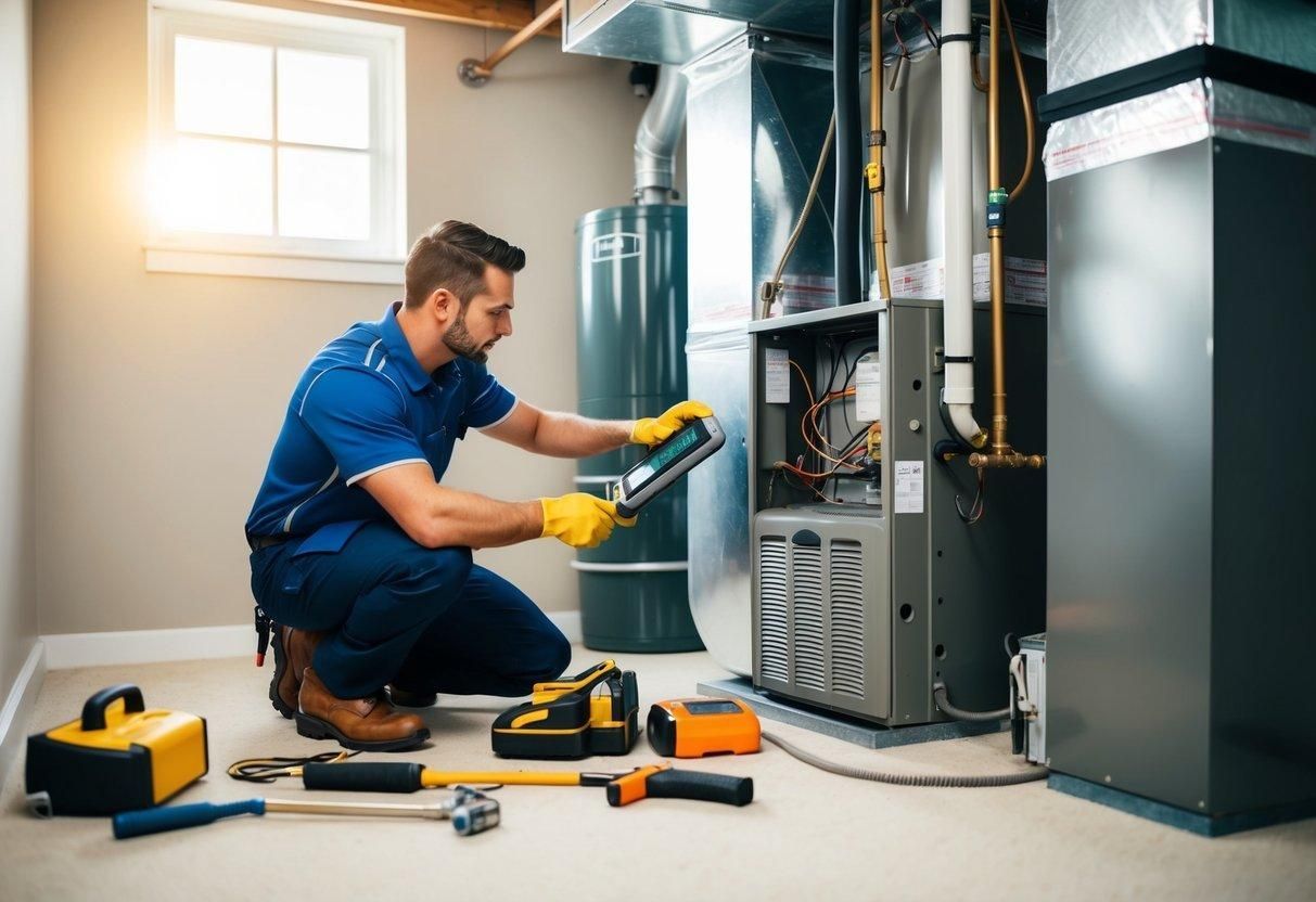 Technician in blue uniform repairing a furnace in a bright utility room with tools on the floor