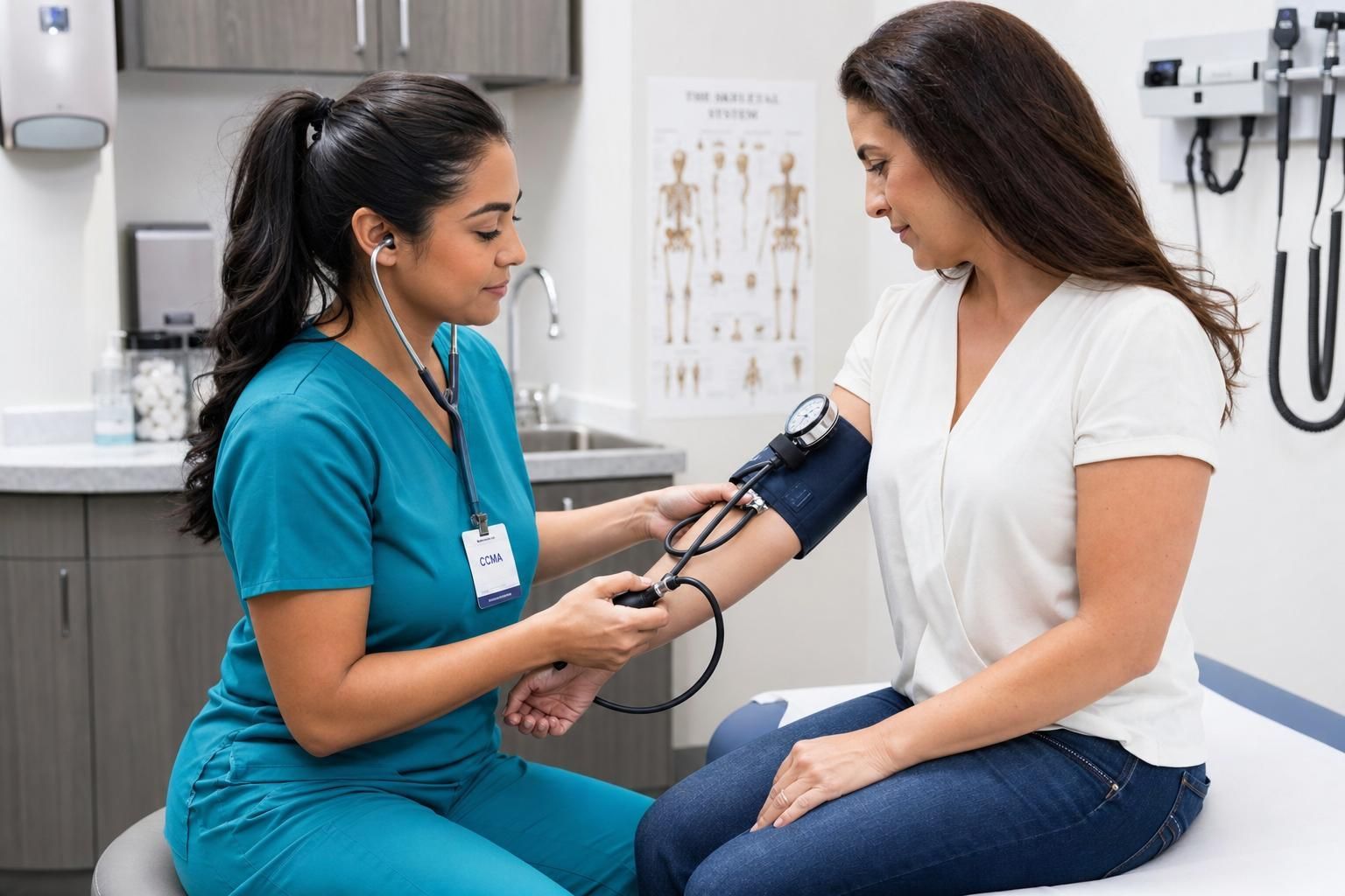 Healthcare worker taking blood pressure of a seated patient in a clinic exam room
