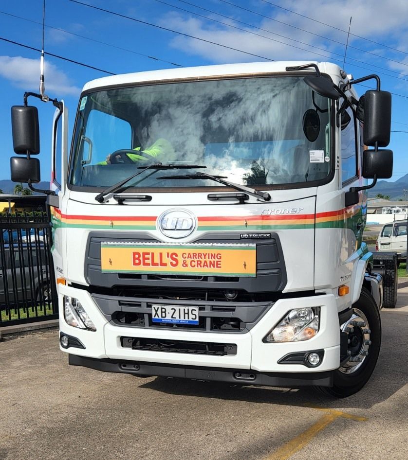 White Truck With Bell's Lifting & Crane — Bell's Carrying & Crane Hire Service Pty Ltd in Bungalow, QLD