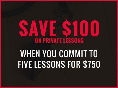Save $100 on private lessons when committing to five for $750. Text is red/white on a dark background.