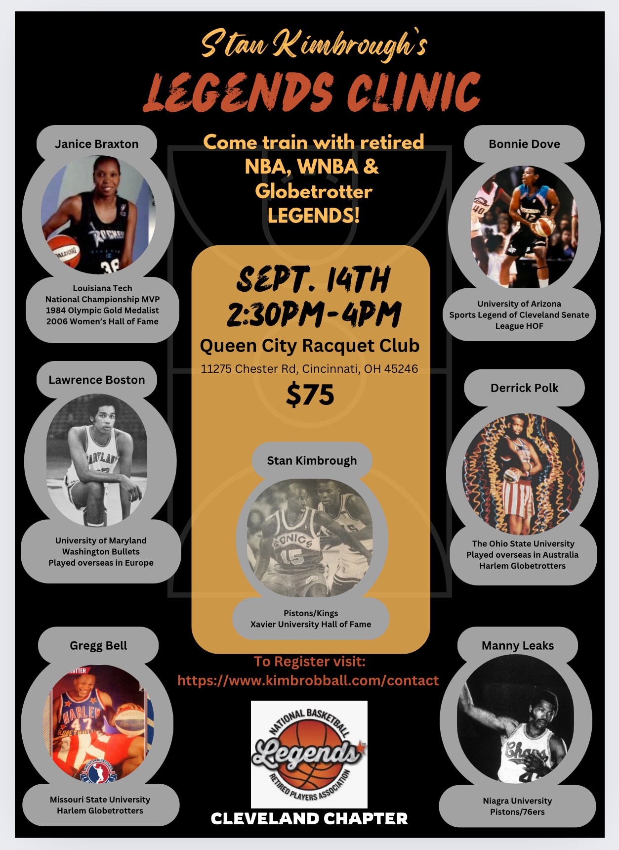 A poster for a basketball clinic called legends clinic.