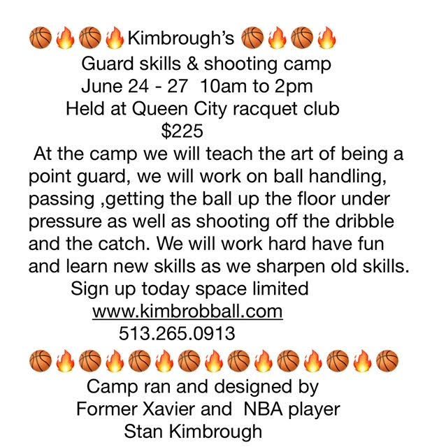 Basketball camp flyer: Kimbrough's Guard Skills & Shooting Camp, June 24-27, Queen City racquet club. Run by former NBA player Stan Kimbrough.