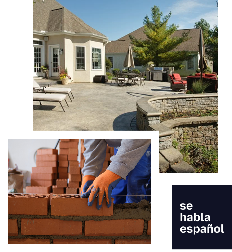 A bricklayer laying bricks, a backyard patio with stone walls, and a house. 