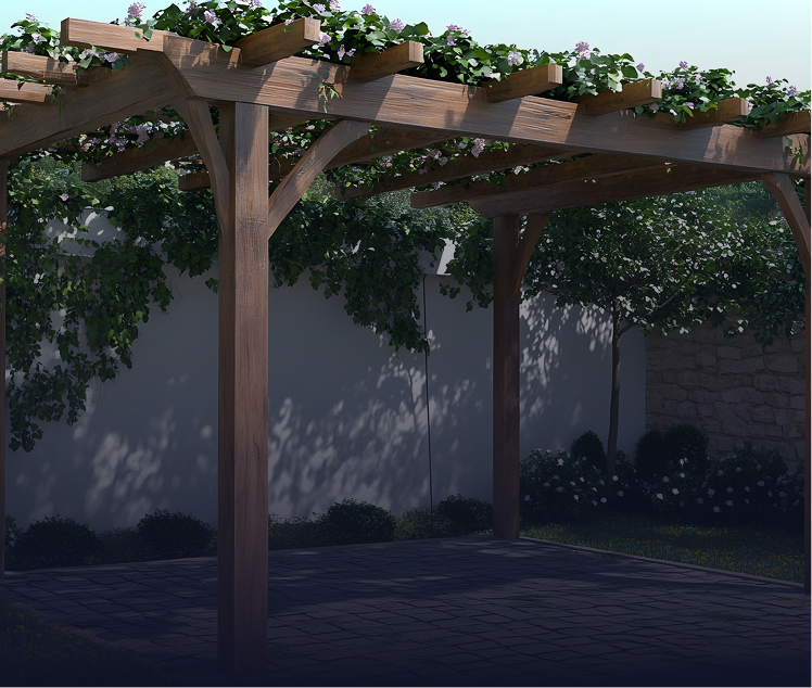 Wooden pergola covered in vines, set against a white wall and dark patio.