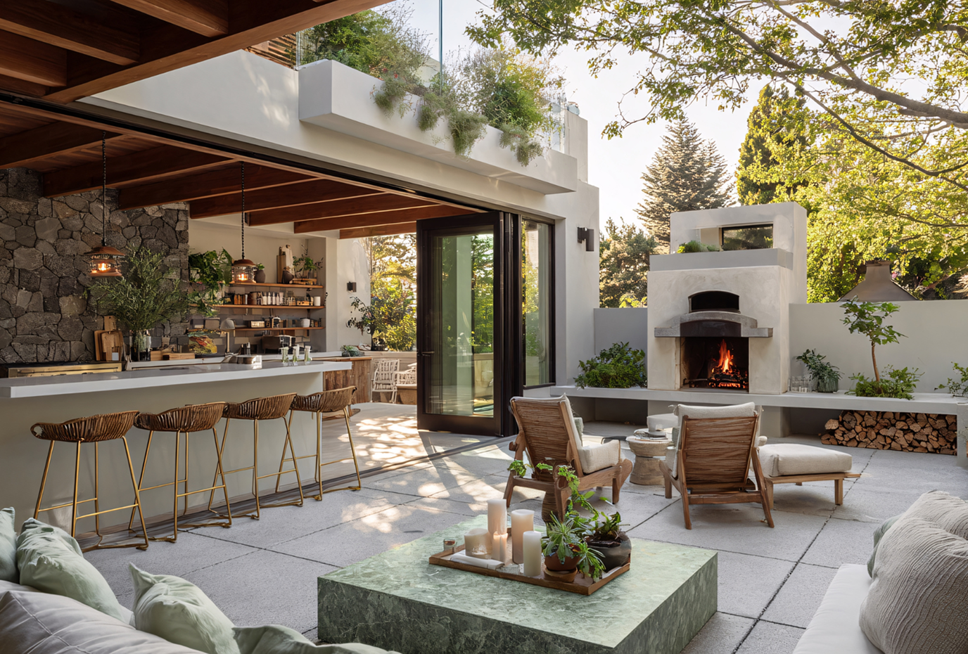 Outdoor patio with a bar, fireplace, and seating.