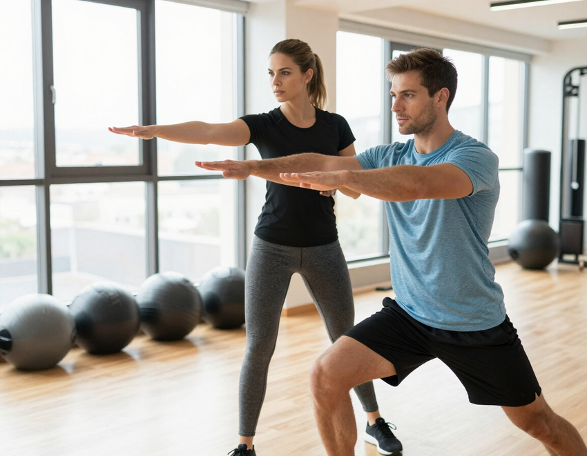 Du žmonės atlieka fitneso įtūpstų pratimus šviesioje sporto salėje