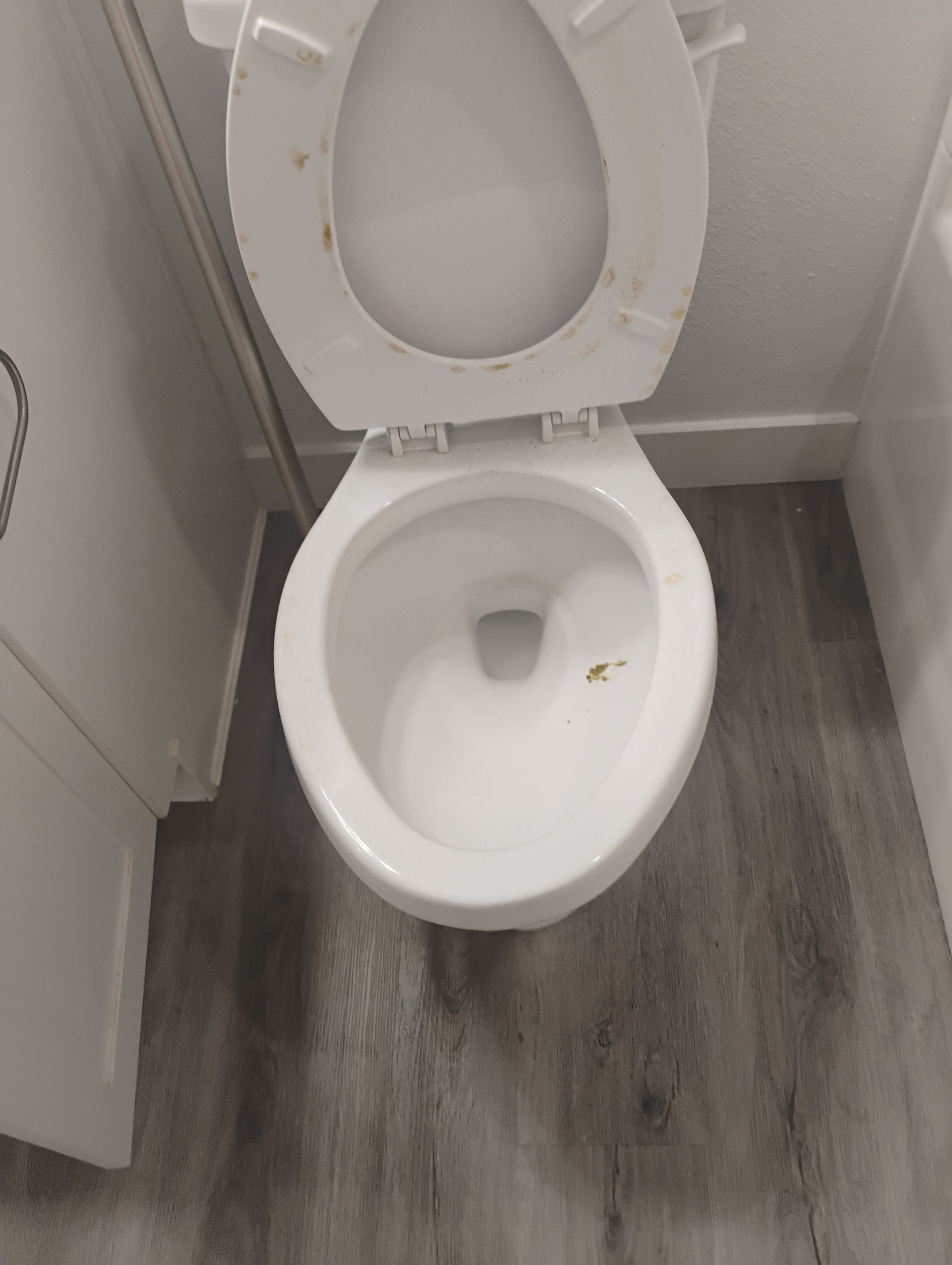Open toilet in a small bathroom with gray wood-look flooring.