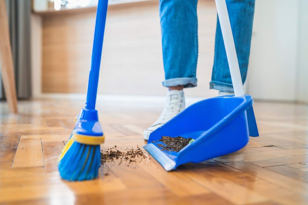 Person sweeping spilled dirt into a blue dustpan on a wooden floor