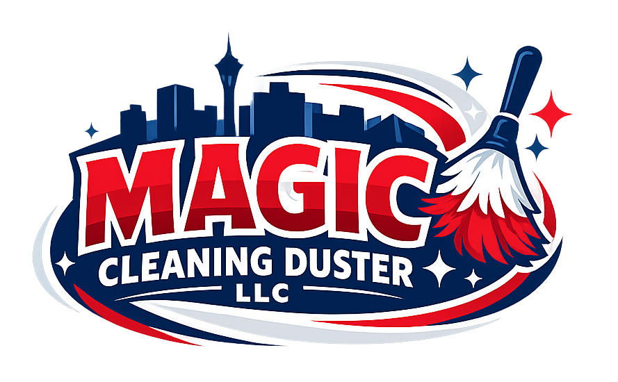 Magic Cleaning Duster LLC logo with red, blue, and white text, city skyline, and duster icon