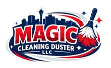 Magic Cleaning Duster LLC logo with red, blue, and white text, city skyline, and duster icon