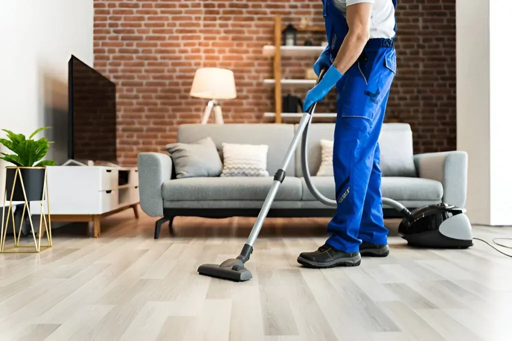 Person vacuuming a modern living room with a blue upright vacuum cleaner