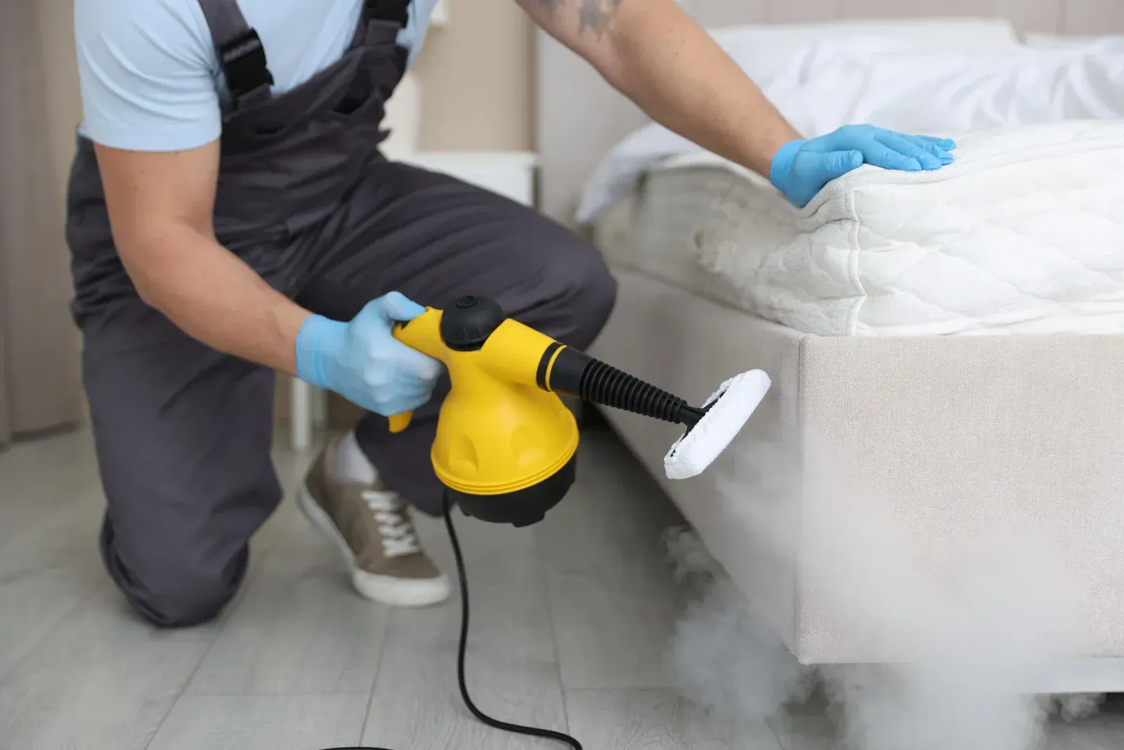 Person steam-cleans a white sofa with a yellow handheld cleaner and blue gloves.