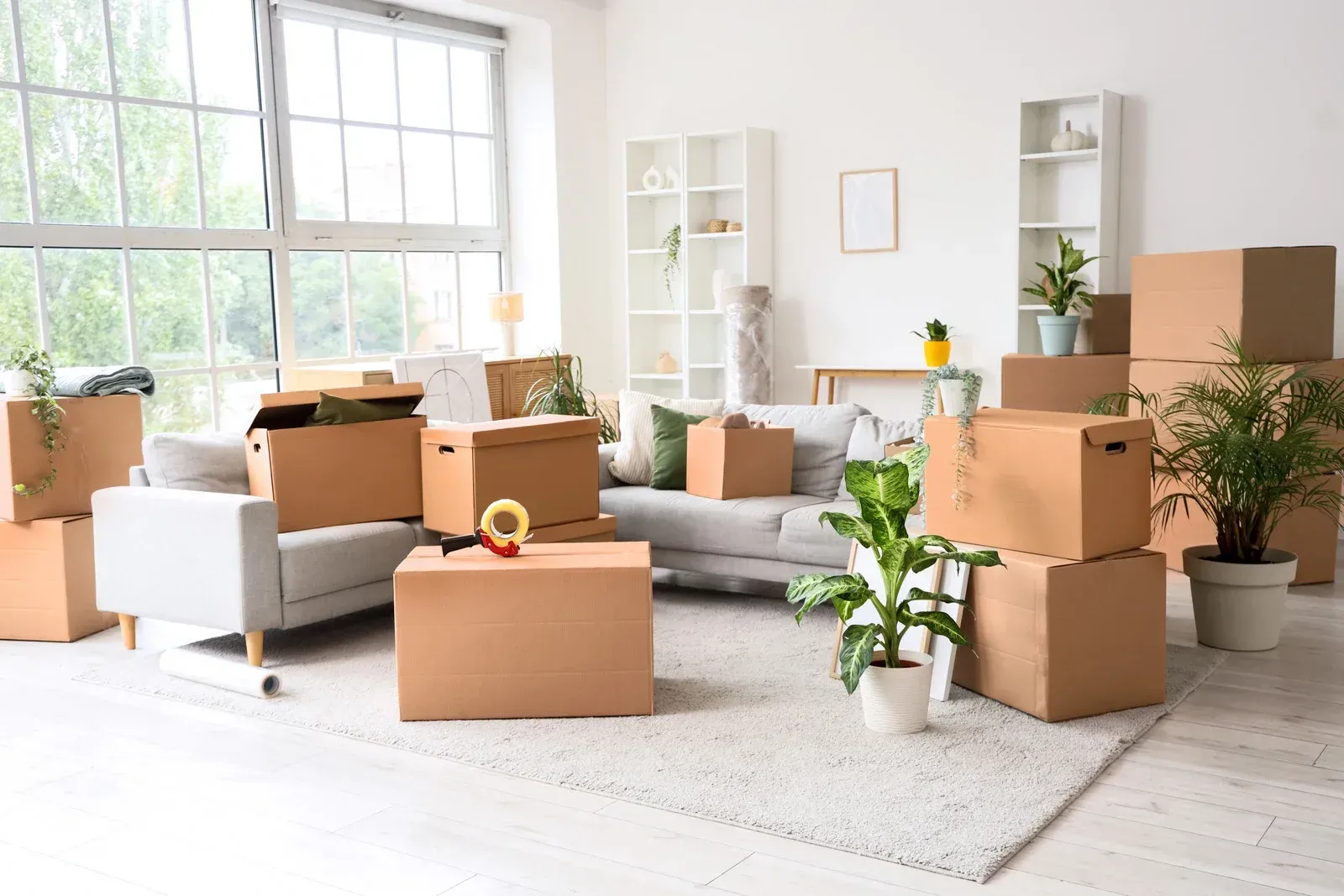 Bright living room filled with moving boxes, packed furniture, and houseplants by a sunlit window