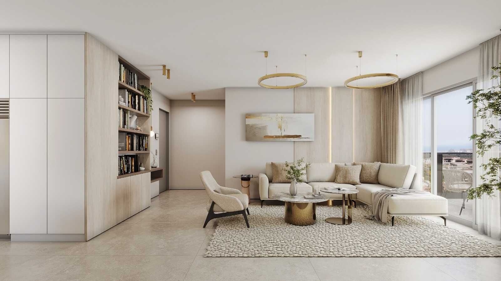 עיצוב פנים: סלון יוקרתי ומרווח עם חלונות גדולים ונוף.