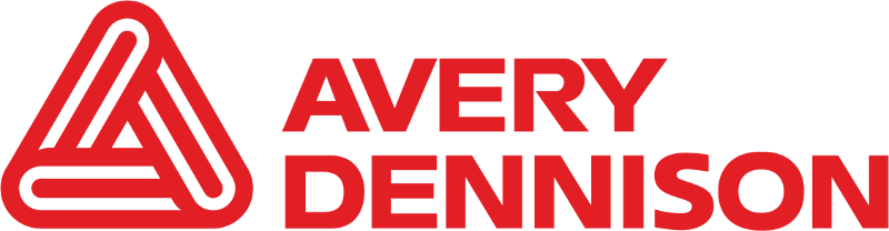 Red Avery Dennison logo with stylized triangular icon and bold text on a white background