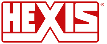 Red HEXIS logo with stylized block letters and a star inside the X