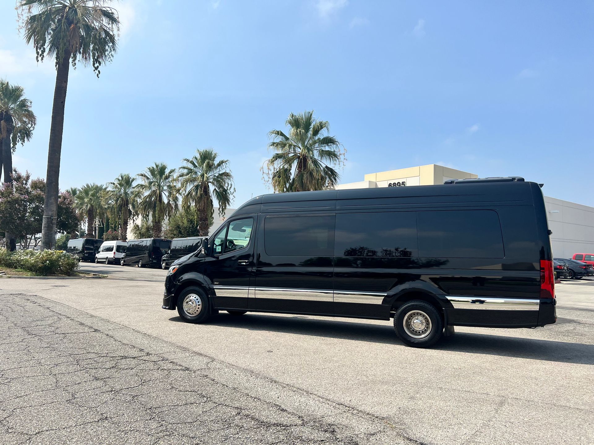 A black van is parked in a parking lot next to palm trees.