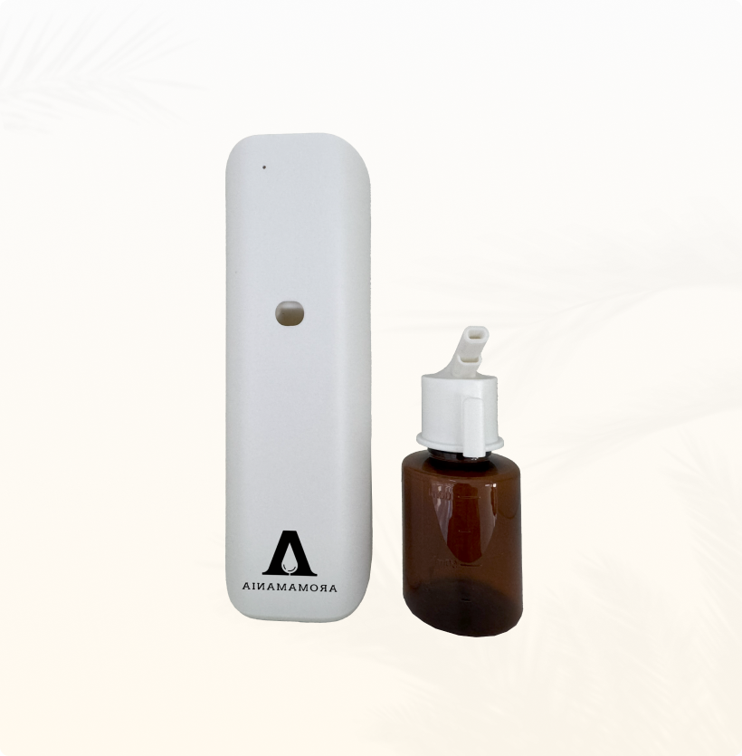 A white device and a brown bottle on a white background.